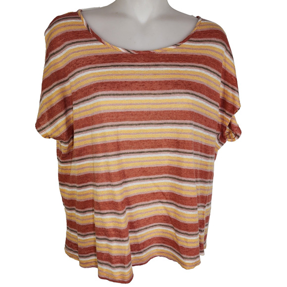 C & C California Womens T Shirt Medium Striped Cropped Linen Orange Yellow Beach - Picture 1 of 7